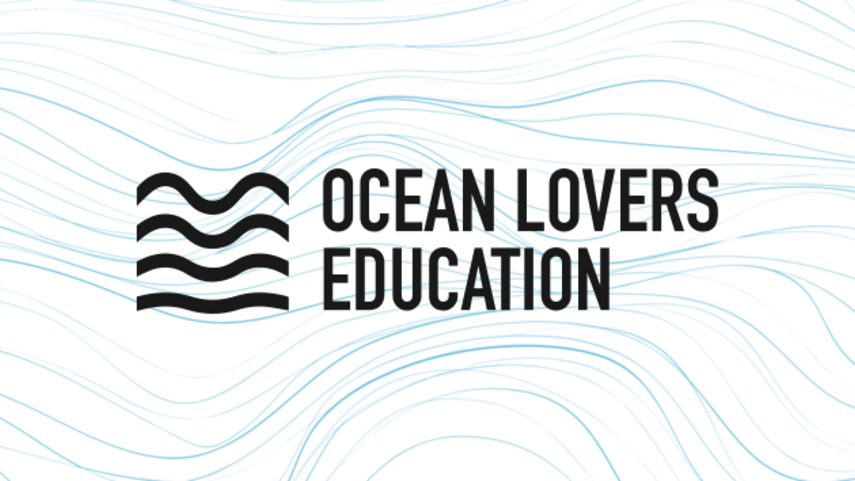 Graphic blue waves on a white background and the OCEAN LOVES EDUCATION logo